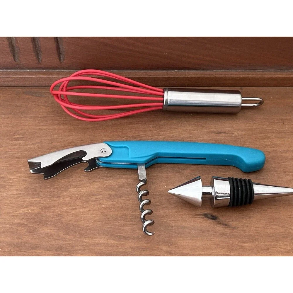 3pc Misc Set Waiter Corkscrew w/ Handle, Bottle/Wine Stopper & Mini Whisk